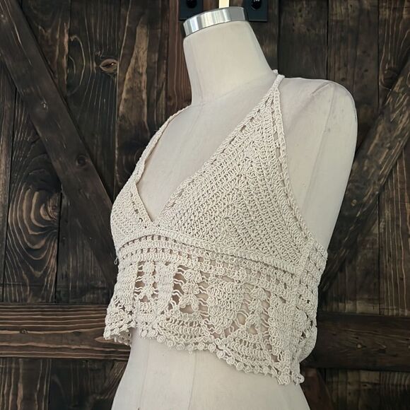 La Vie 89  Crochet knit v neck crop top ivory white back tieSz- Small - Picture 2 of 12